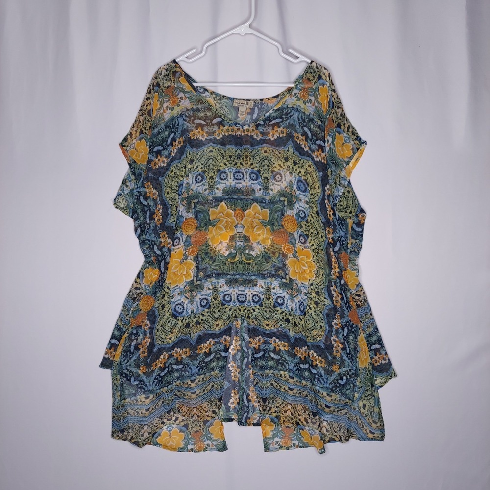 One World Sheer Boho Top Womens 1X Multicolor Floral Mandala Flutter‎ Fairy Boho